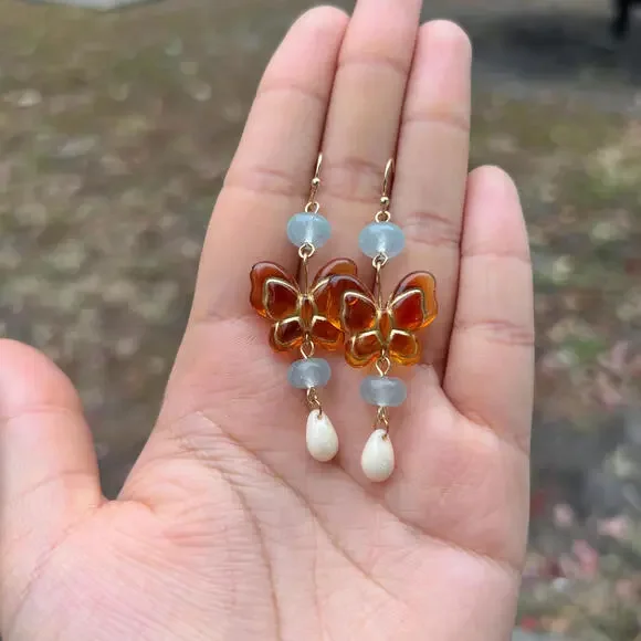 Amber Blue Jade Beige Czech Glass Acrylic Butterfly Earrings, Cute Fun Jewelry - Picture 2 of 6